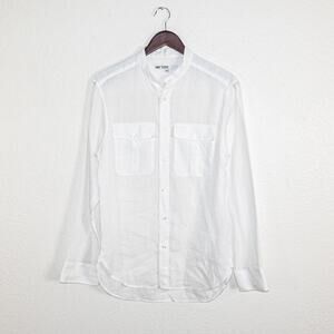 MR TURK Men's Medium 100% Linen Band Collar Shirt in White Long Sleeve